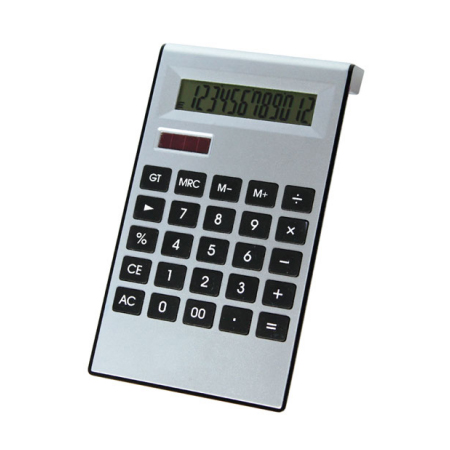 Calculadora solar de 12 dígitos con teclado siliconado. Color: plateado Medidas: 19 cm x 11 cm x 1,5 cm Marcación: Tampografía