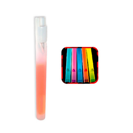 Barra luminosa fluorescente con pito y cinta para colgar. Tamaño: 16 X 1,5 cm. Colores: Azul,rosado,naranja,amarillo y verde. Marcación: Tampografía