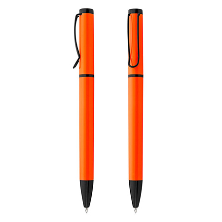 Bolígrafo de color solido, punta y clip de color negro. Sistema de apertura Twist.  Material: ABS Medidas: 14 cm. Marca: Tampografía